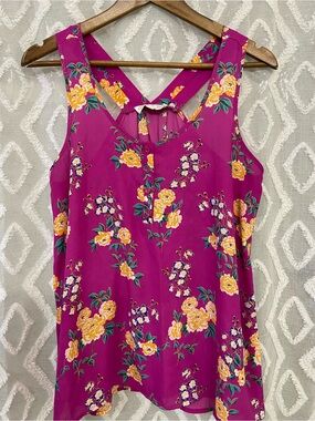 Pink Rose Magenta Floral Cross-Back Camisole with Yellow Blooms